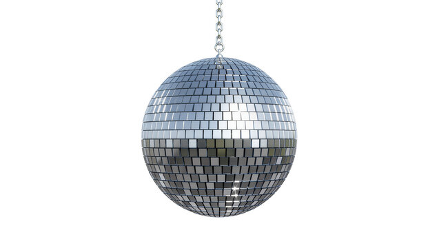 Silver disco ball with mirrored squares hanging from chain, isolated on transparent background