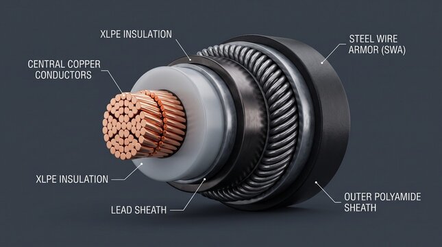 Cross Section Subsea HVDC Power Cable Cross-Linked Insulation 3D Render