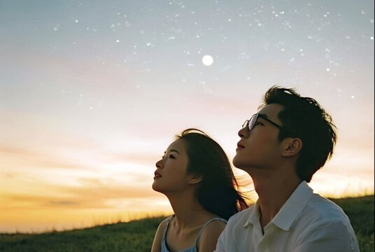 Young couple outdoor side view looking up at starry night sky with sunset horizon representing hope and romance