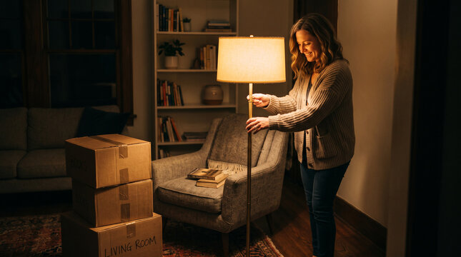 Woman setting up floor lamp in new home with moving boxes in living room