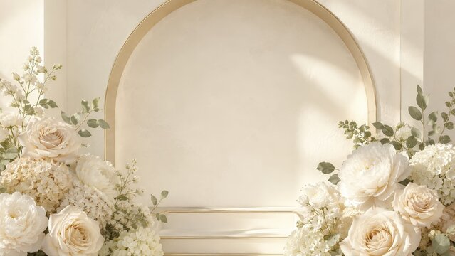 Gold Arch Podium with White Rose Floral Decor