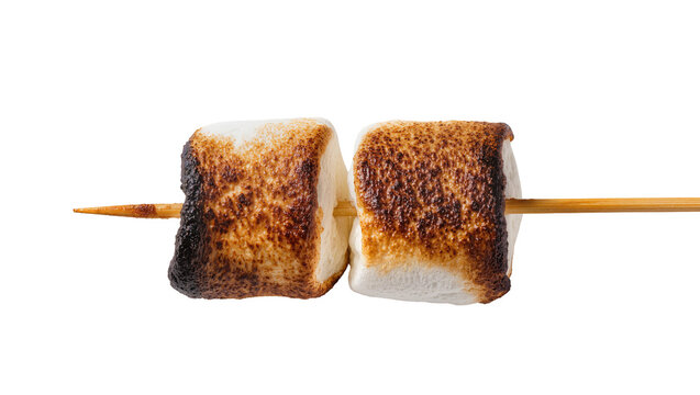 Two toasted marshmallows on a wooden skewer, isolated on transparent background