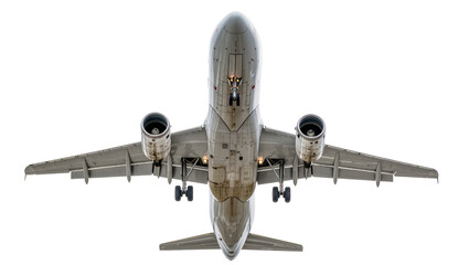 Fototapeta premium Commercial jet airplane underside with landing gear extended, isolated on transparent background