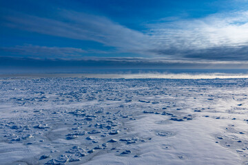 Drifting sea ice covering the Okhotsk Sea in Hokkaido during harsh winter landscape © kei u