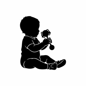 Black and White Silhouette vector illustration of a Cute Baby Playing with a Rattle