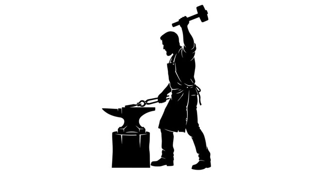 Blacksmith silhouette hammering metal on a heavy anvil.