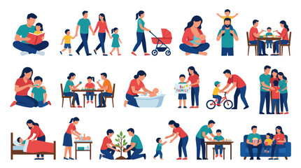 Fototapeta premium Diverse Family Life Activities Flat Style Vector Illustrations
