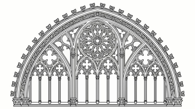 Detailed black and white vector architectural illustration of a gothic cathedral arch window with rose window details isolated on a white background.