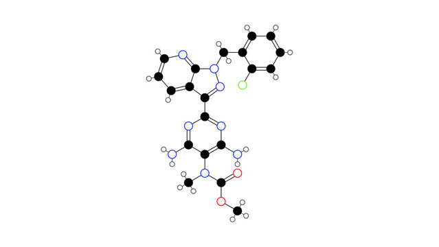 riociguat molecule, structural chemical formula, ball-and-stick model, isolated image vasodilator drug