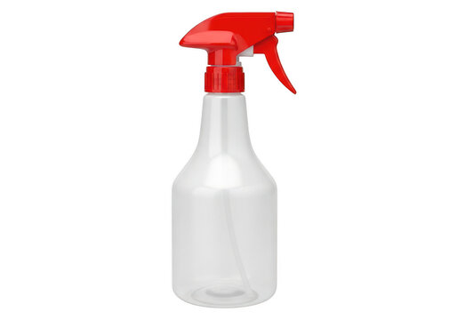 Red and white spray bottle on white surface
