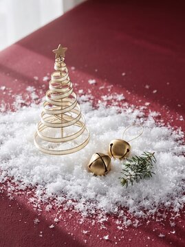 Premium Minimal Spiral Ribbon Christmas Tree on Snow with Copy Space