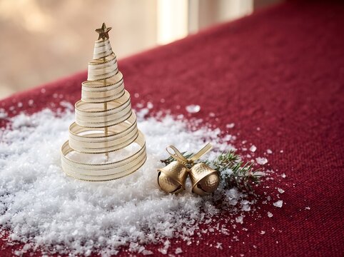 Premium Minimal Spiral Ribbon Christmas Tree on Snow with Copy Space