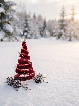 Premium Minimal Spiral Ribbon Christmas Tree on Snow with Copy Space