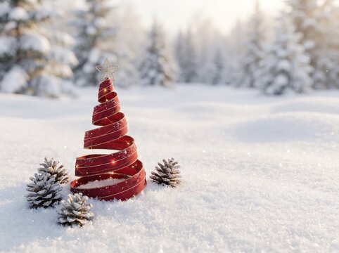 Premium Minimal Spiral Ribbon Christmas Tree on Snow with Copy Space