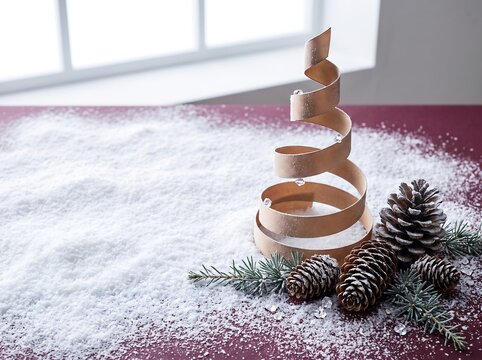 Premium Minimal Spiral Ribbon Christmas Tree on Snow with Copy Space