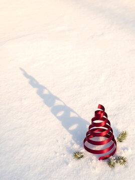 Premium Minimal Spiral Ribbon Christmas Tree on Snow with Copy Space
