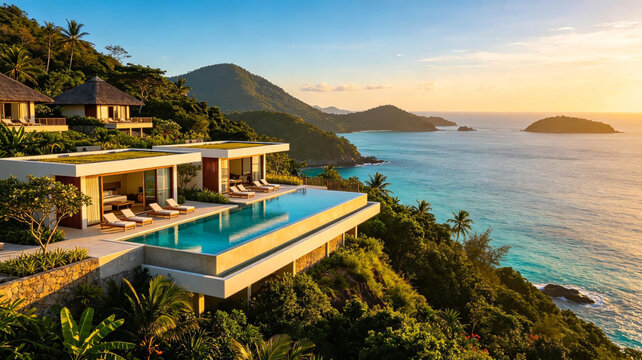 tropical resort overlooking the lake,  amazing resort surrounded by mountain, remote vacation site, infinity pool overlooking lake