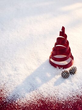 Premium Minimal Spiral Ribbon Christmas Tree on Snow with Copy Space