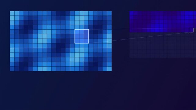 Abstract animated convolution kernel sliding over a grid drawn as blue and cyan glowing lines and dots on a deep dark background. Clean minimal motion graphics element with free space around it, ideal