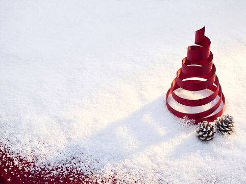 Premium Minimal Spiral Ribbon Christmas Tree on Snow with Copy Space