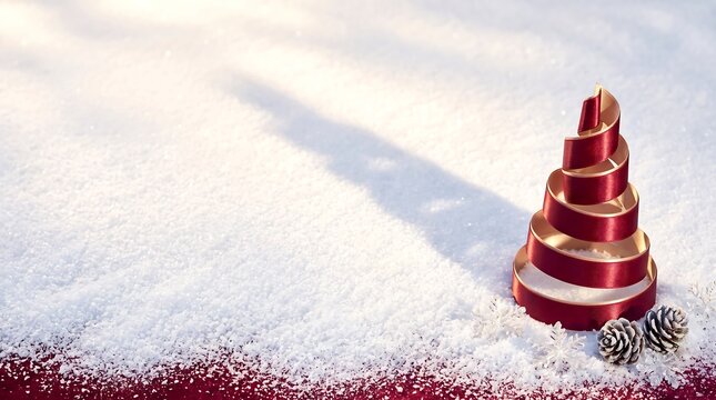 Premium Minimal Spiral Ribbon Christmas Tree on Snow with Copy Space