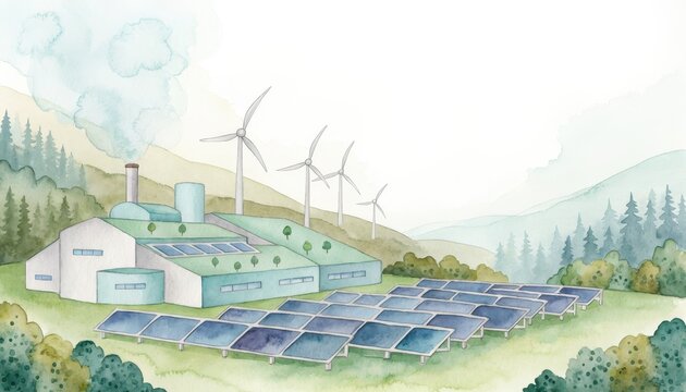 BCG environment sustainability green energy watercolor concept. Eco-friendly power plant with solar panels and wind turbines in a landscape