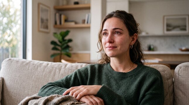 Sad woman sitting on sofa with tearful eyes, emotional expression, wearing green sweater, natural light, cozy home interior, feeling vulnerable and thoughtful