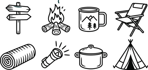 Camping element set icon vector outline simple style design campfire tent flashlight mug chair sleeping bag pot signpost adventure gear. © Sumaiya