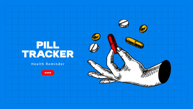 Collage wiith sketch human hand, pills, tablets, capsules. Medical schedule management banner. Health, treatment, healthcare , wellness, medical concept. Hand drawn vector illustration.