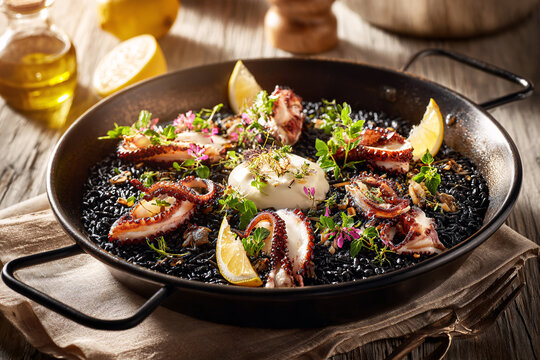 Authentic Spanish black rice cooked with squid ink and grilled octopus