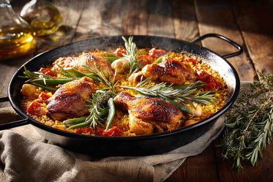 Authentic Valencian paella with chicken, vegetables, saffron rice and rosemary