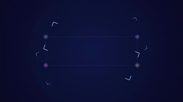 Abstract animated rotating corner brackets drawn as blue and cyan glowing lines and dots on a deep dark background. Clean minimal motion graphics element with free space around it, ideal for title seq