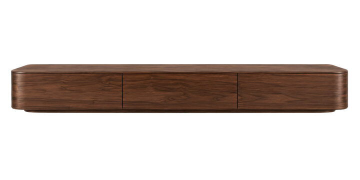 Modern walnut floating media console with minimalist storage design