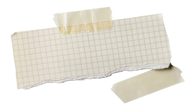 Torn graph paper note with adhesive tape, isolated on transparent background