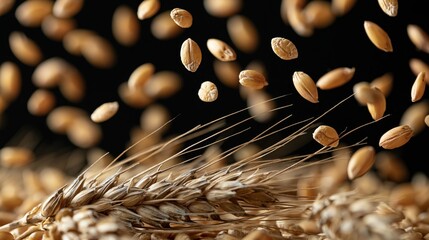 Obraz premium The Wheat: Golden Ears in Macro Focus with Falling Grains