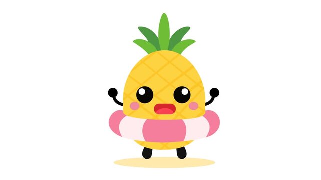 Cute cartoon pineapple with a swim ring talking, changing mouth expressions to simulate speech. Isolated on white background.