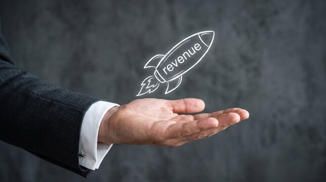 Revenue growth concept with rocket icon, businessman holding glowing financial success symbol, corporate profit acceleration and startup launch