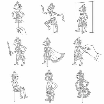 Vector set of nine black and white line art illustrations featuring traditional Indonesian Javanese Wayang Kulit shadow puppets in various poses, including character manipulation by human hands.