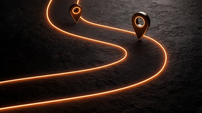 Glowing orange path with location pins on dark ground. Digital navigation concept for logistics and business growth.