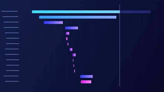 Abstract animated distributed tracing spans on a timeline drawn as blue and cyan glowing lines and dots on a deep dark background. Clean minimal motion graphics element with free space around it, idea