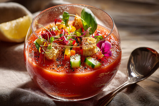 Classic chilled Spanish tomato soup with cucumber, croutons and fresh herbs