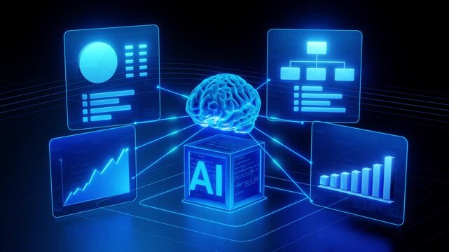 Modern digital illustration showing artificial intelligence processing data analytics charts graphs and brain neural network connections