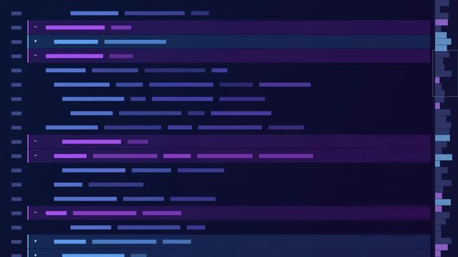 Abstract animated code diff comparison view drawn as blue and cyan glowing lines and dots on a deep dark background. Clean minimal motion graphics element with free space around it, ideal for technolo