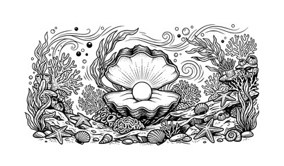 Black and White Open Oyster with Pearl Monochrome Vector Illustration Marine Luxury Design © Anisur