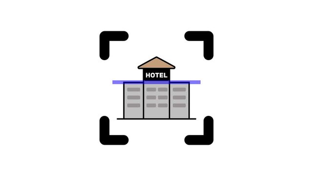 A motion graphic of a hotel building icon expanding within a target with glowing green accents indicating activation.