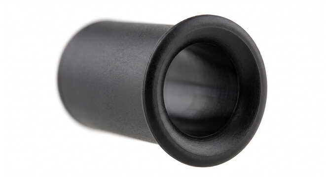 Extreme macro of a bare tennis racquet grommet tube. Micro-molded black nylon cylinder flaring at one end.