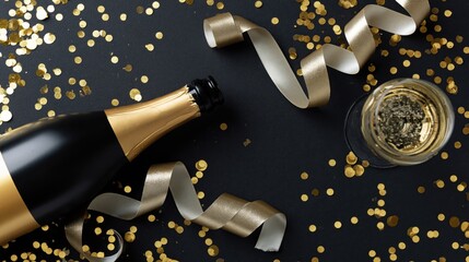 Obraz premium The Champagne Bottle in a Festive Scene with Glasses and Gold Confetti