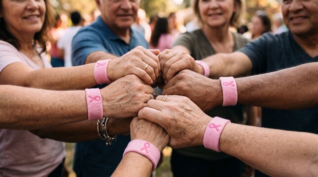 Diverse group of people wearing pink ribbons for breast cancer awareness joining hands in unity and support
