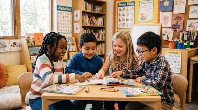 Happy students learning to read together