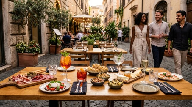 Friends enjoying aperitivo at an outdoor Italian restaurant terrace